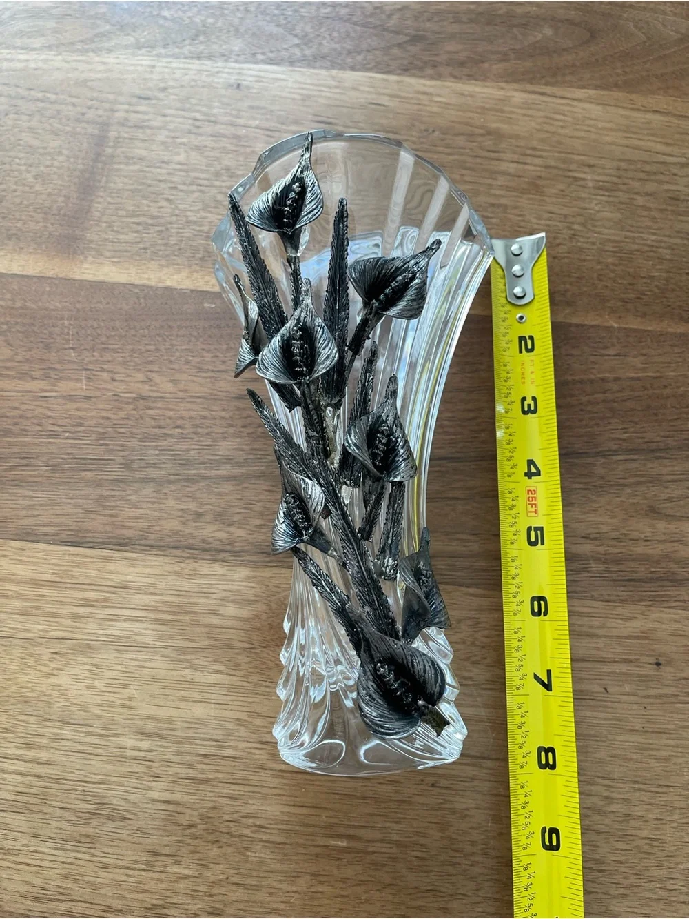 Elegant Clear Glass Vase with Black gray metal Floral Accents